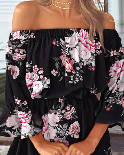 Full Size Floral Off-Shoulder Flounce Sleeve Mini Dress Plus Size 