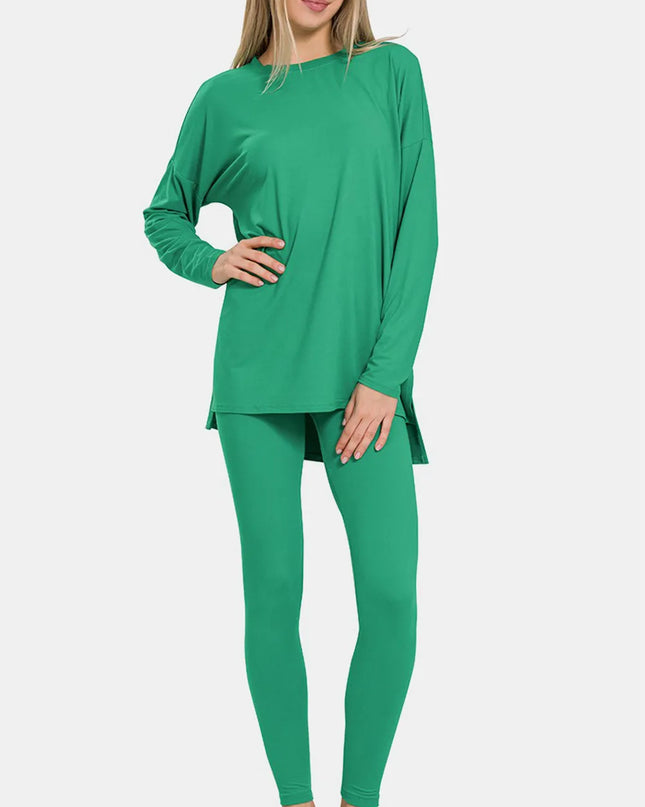Zenana Full Size Brushed Microfiber Top and Leggings Lounge Set K Green