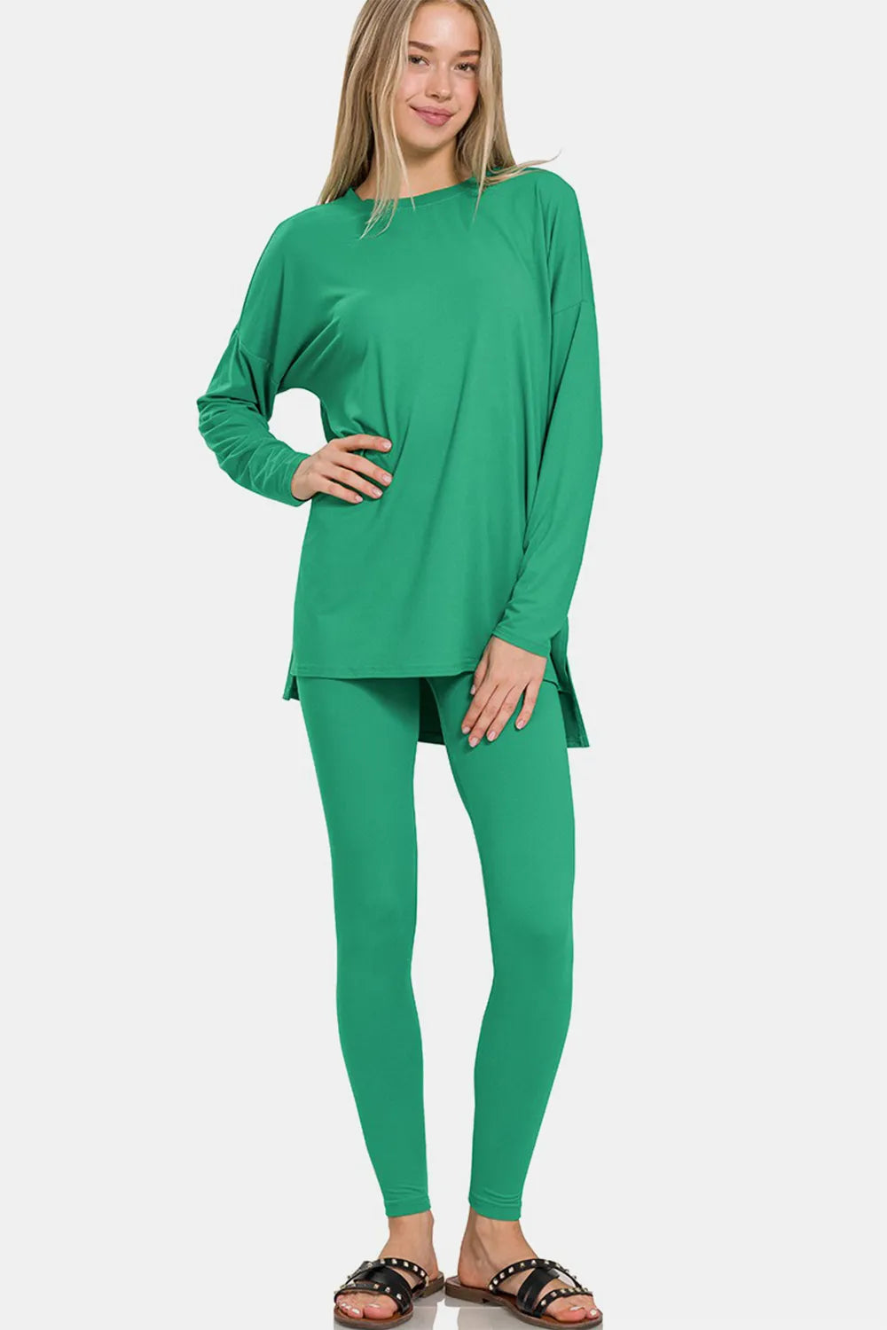 Zenana Full Size Brushed Microfiber Top and Leggings Lounge Set K Green
