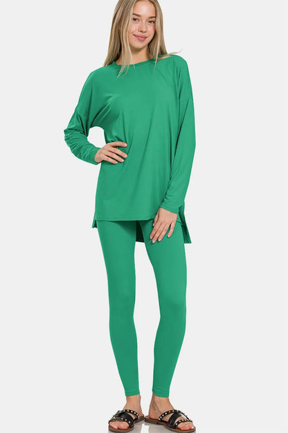 Zenana Full Size Brushed Microfiber Top and Leggings Lounge Set K Green