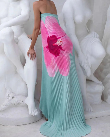 Pleated Printed Tube Floor Length Dress