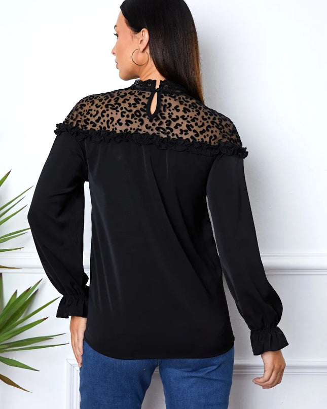 Leopard Frill Flounce Sleeve Blouse