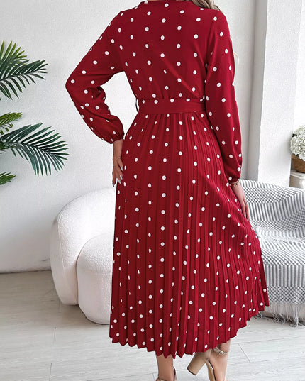 Front Tie Polka Dot Midi Pleated Dress