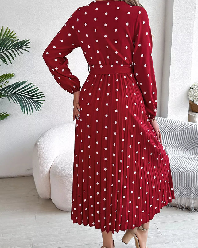 Front Tie Polka Dot Midi Pleated Dress