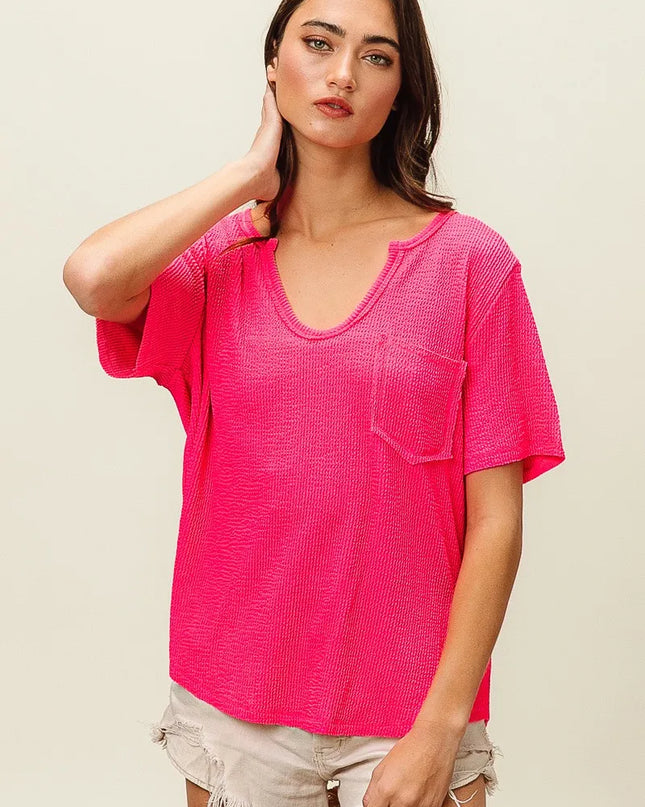 BiBi Waved Rib U Neck Top With Front Pocket