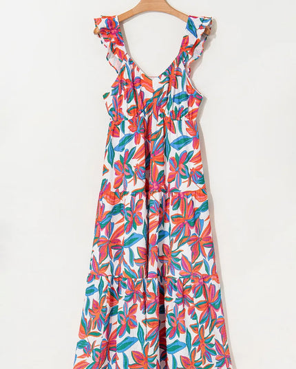 Floral Ruffled Strap V Neck Maxi Dress