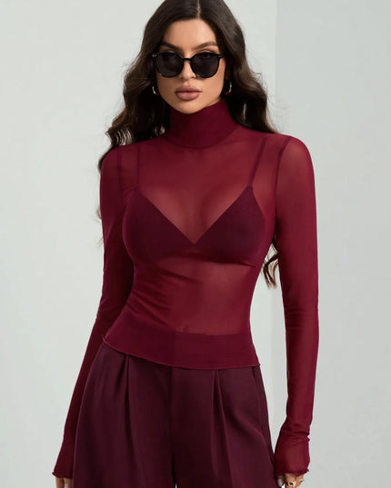 Turtleneck Long Sleeve Top Wine Red