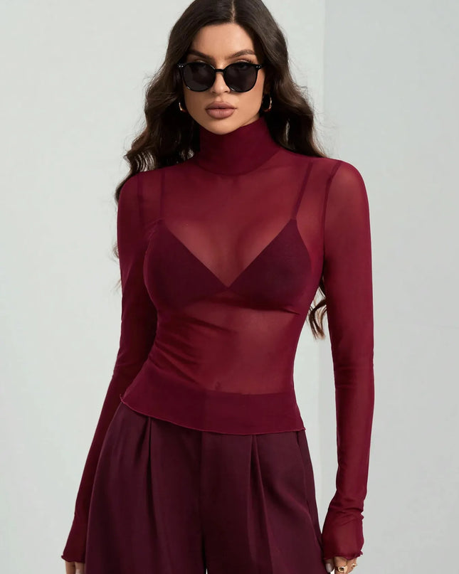 Turtleneck Long Sleeve Top Wine Red