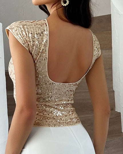 Devine Sequin Round Neck Backless T-Shirt