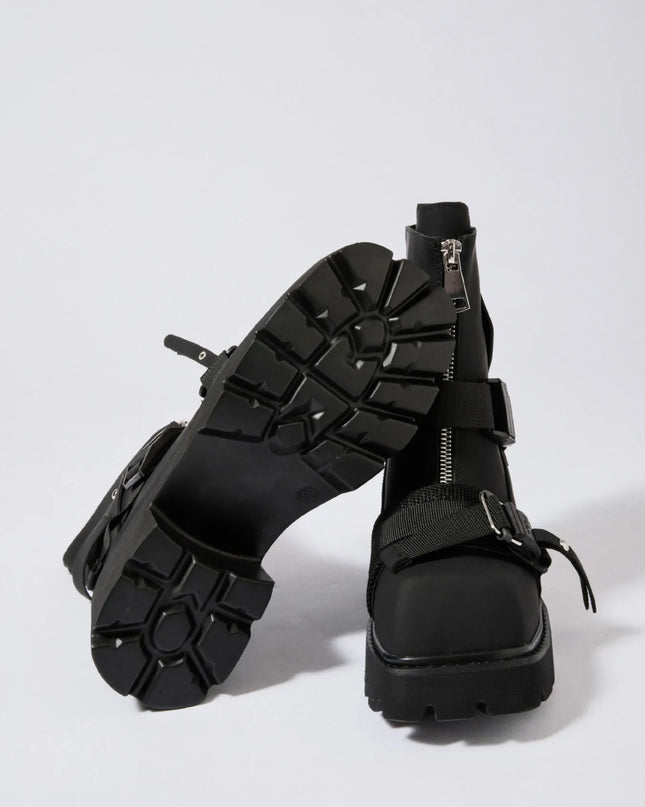 Chunky Platform Boots with Buckle Straps and Front Zip