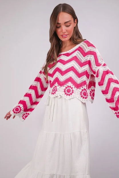 VERY J Chevron/Floral Pattern Crochet Knit Top