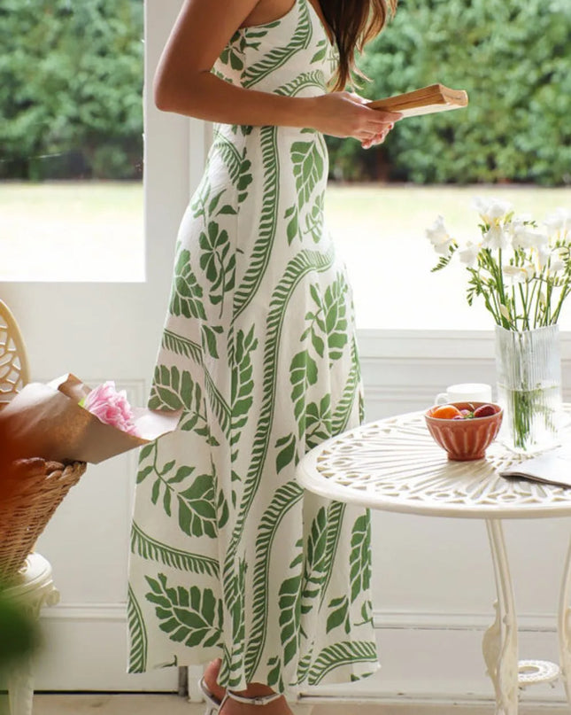 Leaf Print Slit V-Neck Midi Cami Dress 