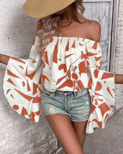 Printed Off-Shoulder Bell Sleeve Blouse Red Orange