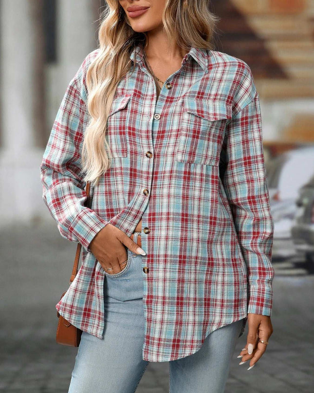 Plaid Button-Down Oversized Shirt Light Lake Blue