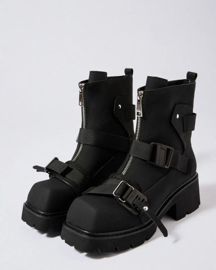 Chunky Platform Boots with Buckle Straps and Front Zip