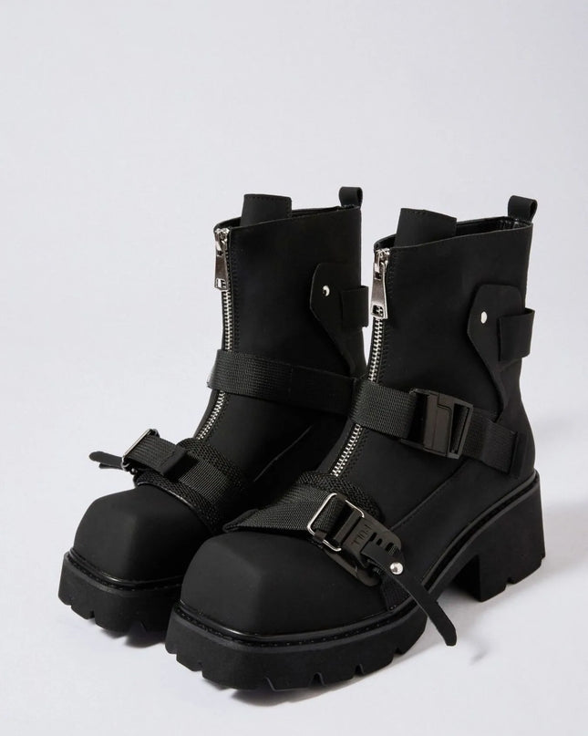 Chunky Platform Boots with Buckle Straps and Front Zip