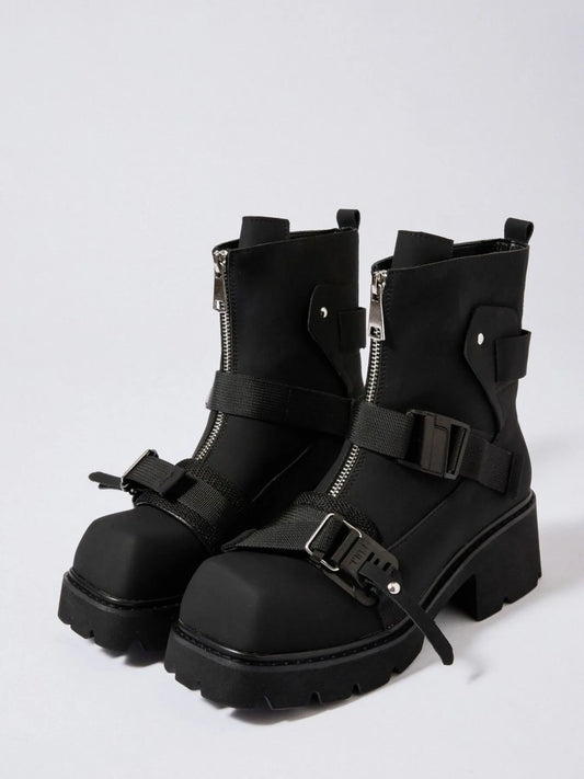 Chunky Platform Boots with Buckle Straps and Front Zip