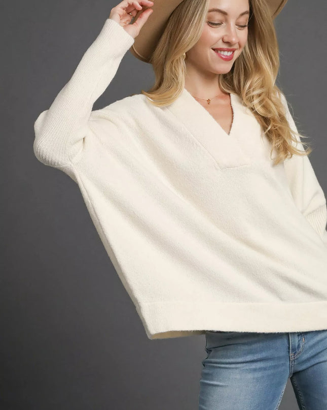 Umgee V-Neck Sweater with Wide Trim Detail Cream