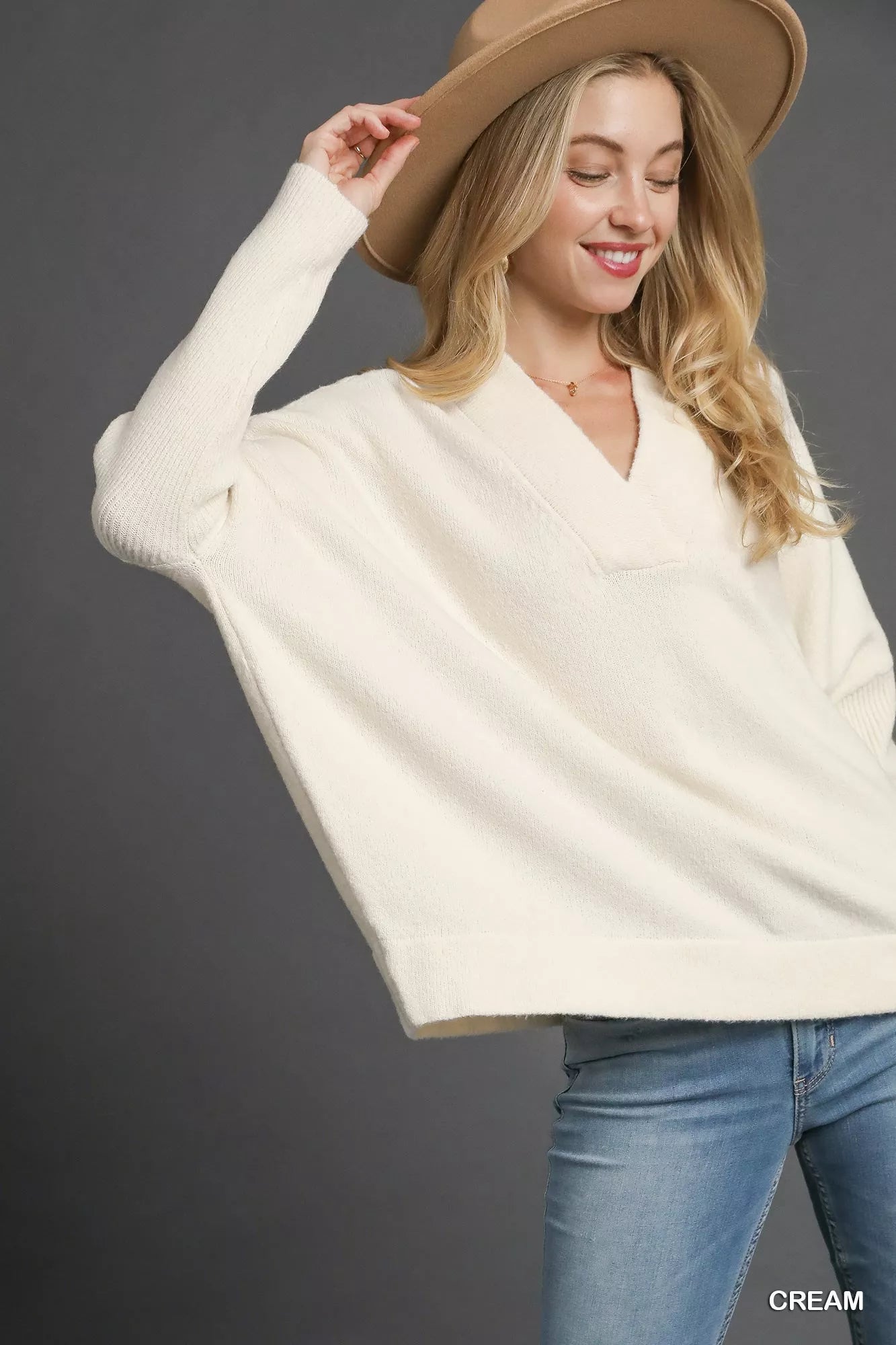 Umgee V-Neck Sweater with Wide Trim Detail Cream