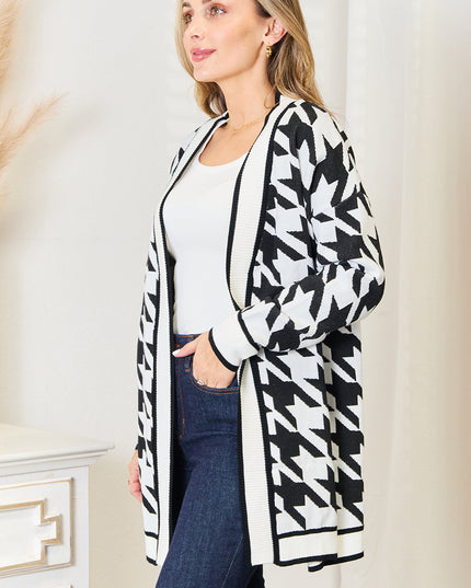 Mandy Woven Right Houndstooth Open Front Longline Cardigan
