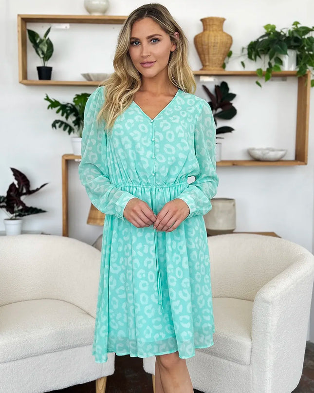 Double Take Full Size Printed Ruched V-Neck Long Sleeve Dress