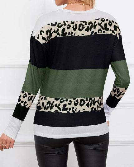 Leopard Color Block Striped Knit Top