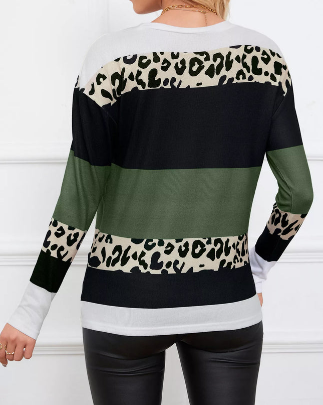 Leopard Color Block Striped Knit Top