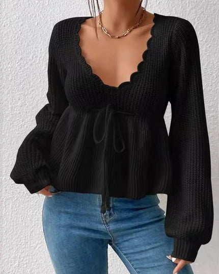 Scalloped V-Neck Drawstring Knit Top Black