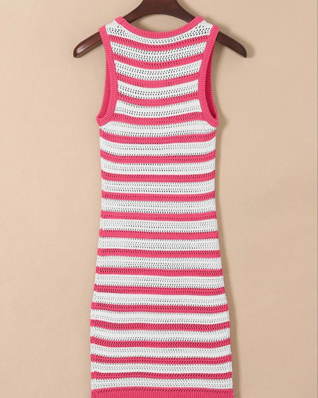 Stripe Hollowed Knit Sleeveless Sweater Dress