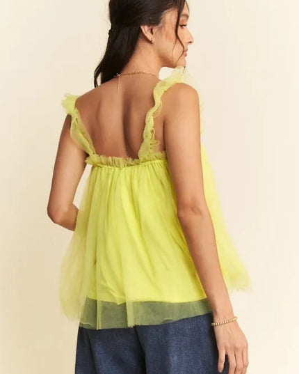 Davi & Dani Shirred Ruffle Strap Tulle Babydoll Top