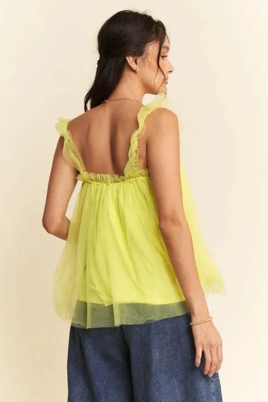 Davi & Dani Shirred Ruffle Strap Tulle Babydoll Top