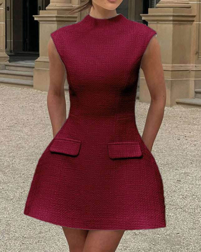 Cutout Back Round Neck Cap Sleeve Mini Dress Wine Red