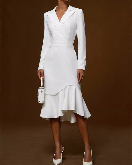 Ruffled Hem Long Sleeve Midi Blazer Dress White
