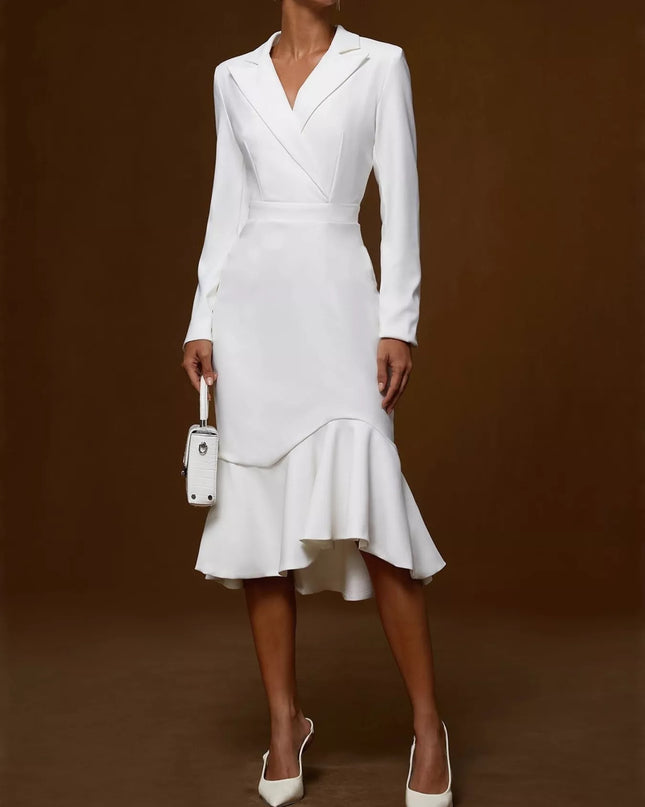 Ruffled Hem Long Sleeve Midi Blazer Dress White