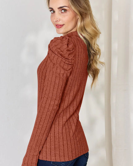 Basic Bae Full Size Ribbed Mock Neck Puff Sleeve T-Shirt