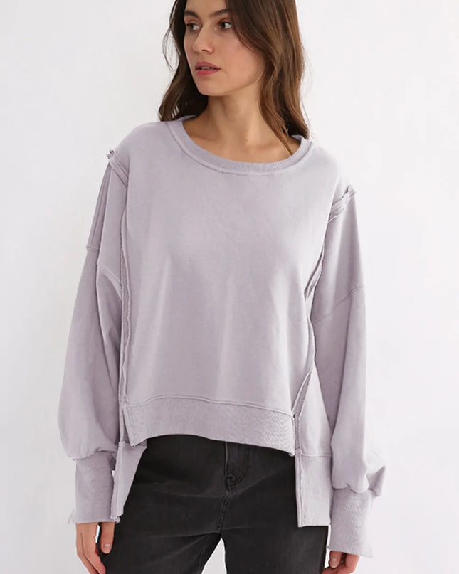 Exposed Seam High-Low Long Sleeve Sweatshirt Pink Purple One Size
