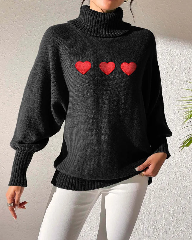 Heart Turtleneck Long Sleeve Sweater Black