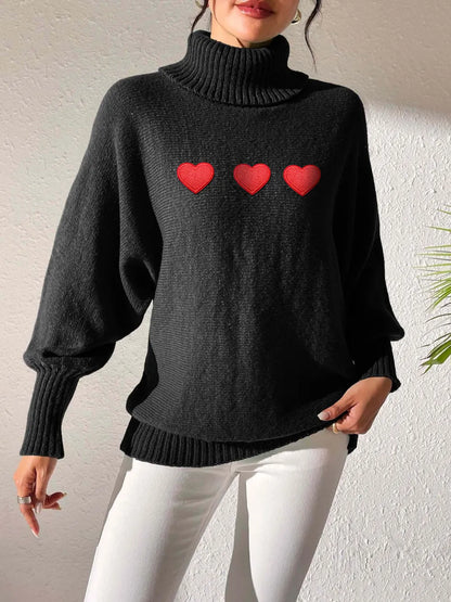 Heart Turtleneck Long Sleeve Sweater Black