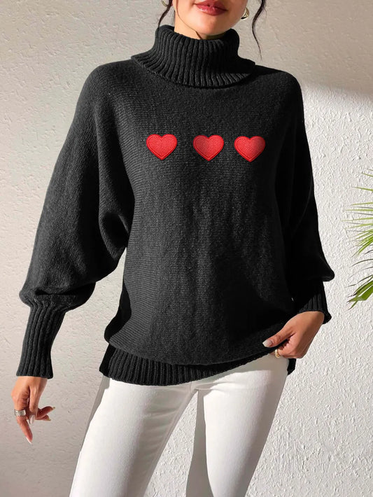 Heart Turtleneck Long Sleeve Sweater Black