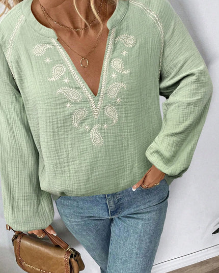 Paisley Pattern Notched Long Sleeve Blouse