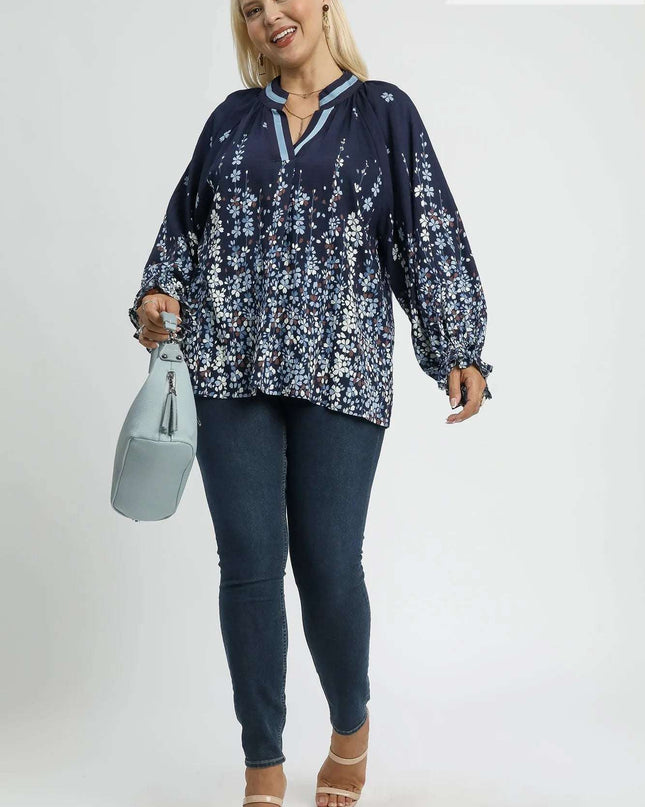 Umgee Full Size Floral Vine Print Blouse with Balloon Sleeves Plus Size