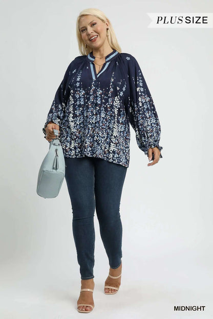 Umgee Full Size Floral Vine Print Blouse with Balloon Sleeves Plus Size