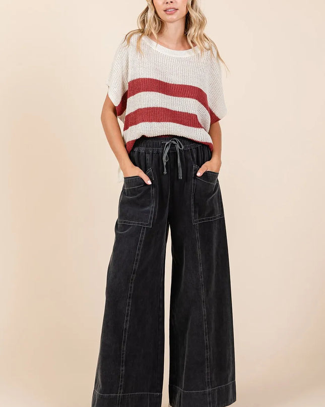 Mittoshop Mineral Wash Wide Leg Elastic Waist Twill Pants