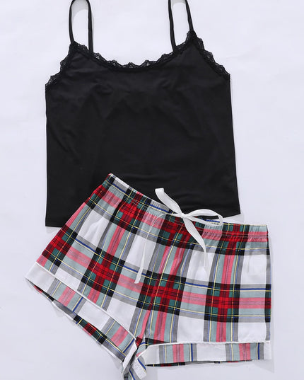 Plus Size Lace Trim Scoop Neck Cami and Printed Shorts Pajama Set Red Plaid