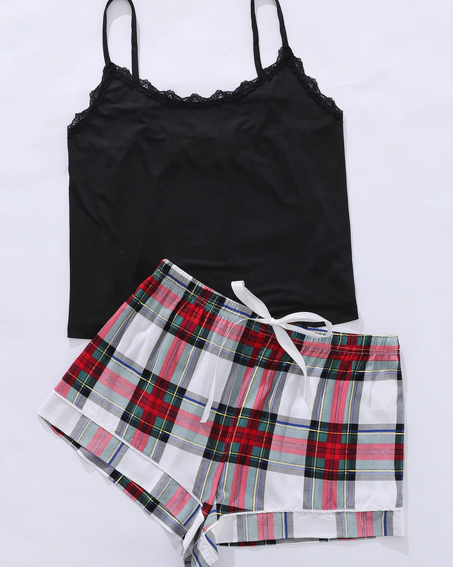 Plus Size Lace Trim Scoop Neck Cami and Printed Shorts Pajama Set Red Plaid