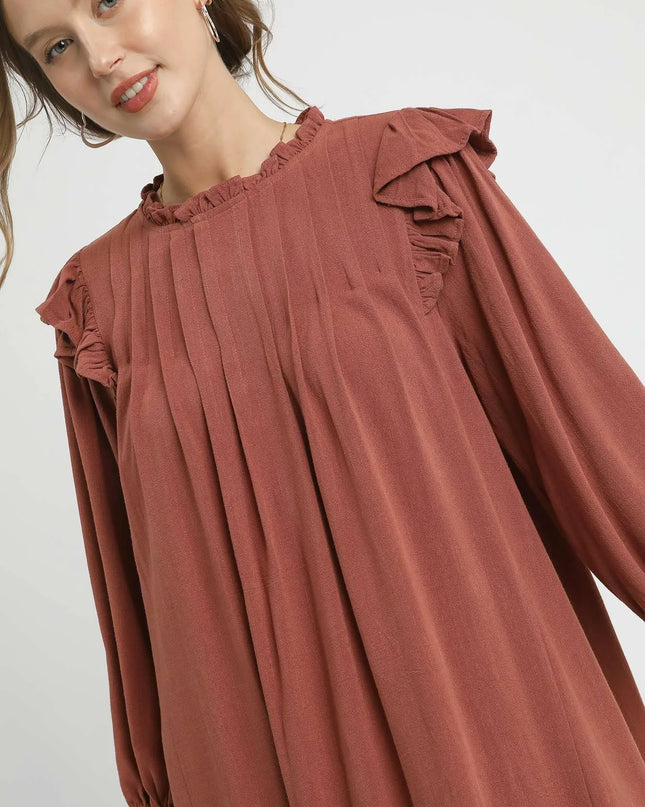 Umgee Linen Ruffle Shoulder Pleated Babydoll Dress