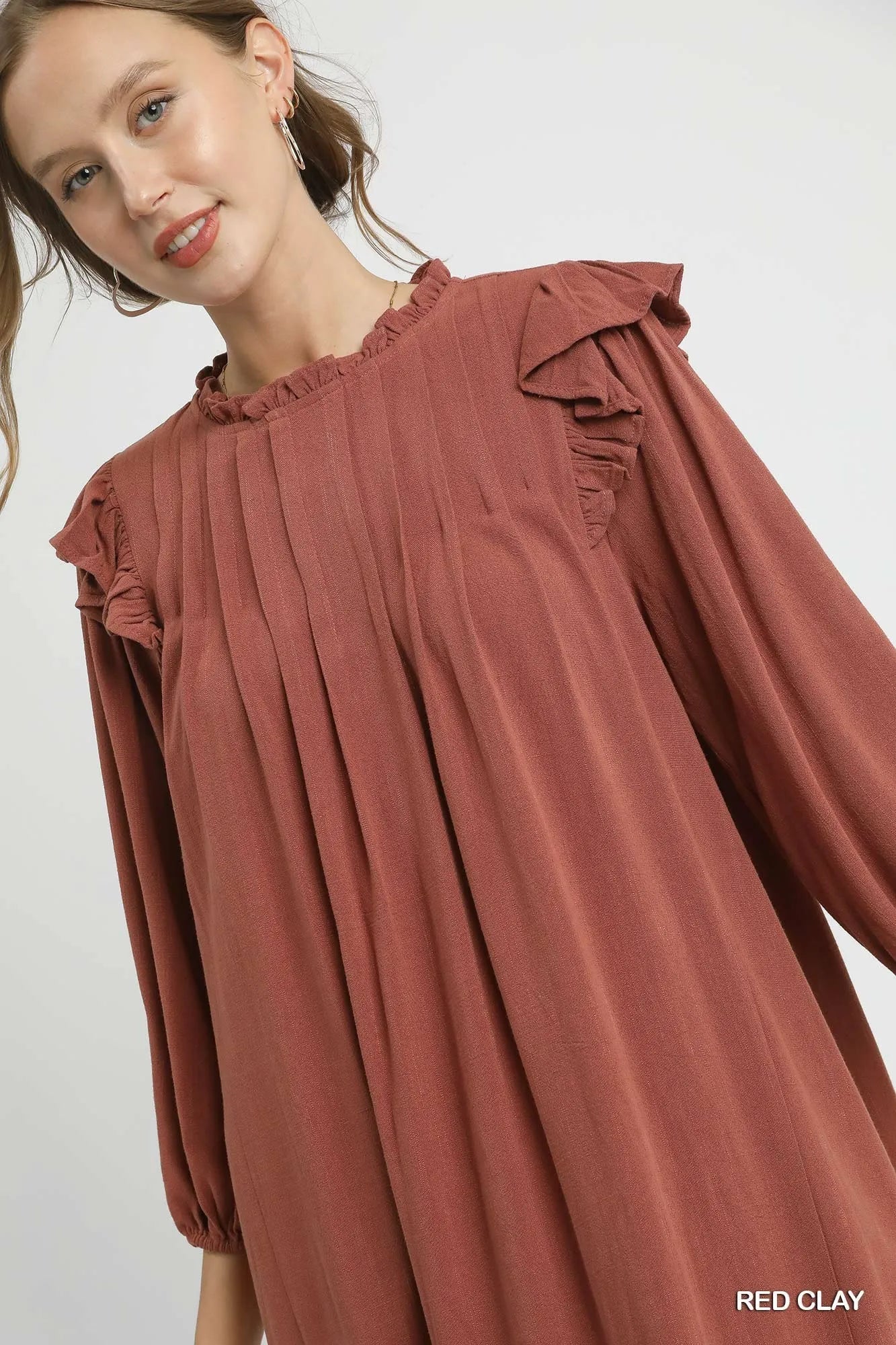Umgee Linen Ruffle Shoulder Pleated Babydoll Dress