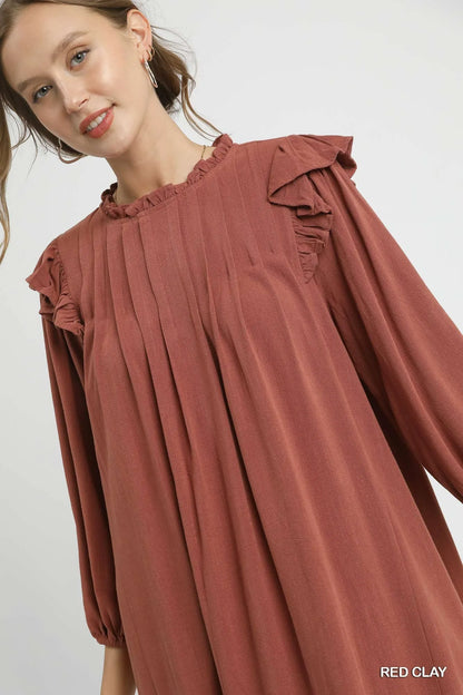 Umgee Linen Ruffle Shoulder Pleated Babydoll Dress