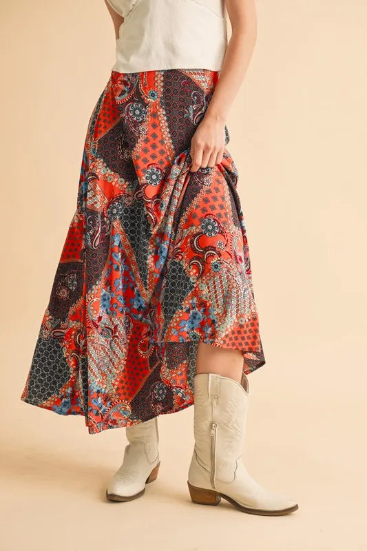 Aemi + Co Printed Maxi Skirt Orange Black