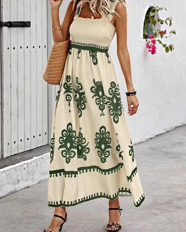 Smocked Printed Wide Strap Maxi Dress 